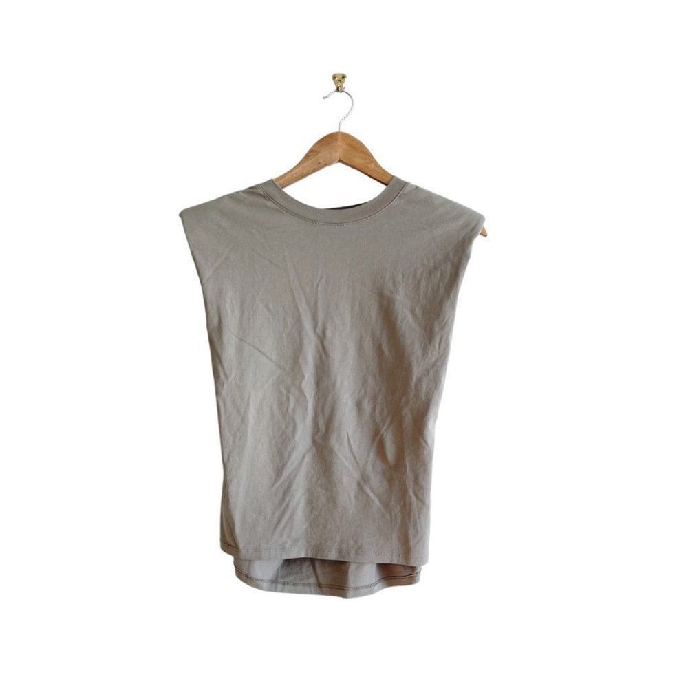 Babaton Sleeveless Crewneck Top T-Shirt Shoulder Pads Olive Beige Women's M